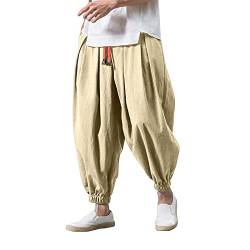 Herren Leinen Baumwolle Haremshose Einfarbige Freizeithose Herren Atmungsaktive Pumphose Stretch Verschärfen Hosenbein Pluderhose Leichte Elastisches Sport Jogginghose A-Khaki L von Generic