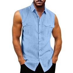 Herren Leinenhemd Ärmellos Sommer Hemd Shirt Stehkragen Shirts Tank Tops Basic Mann Tshirt Leinen Lose Atmungsaktiv Bequem Freizeithemd Strand Top Blau L von Generic