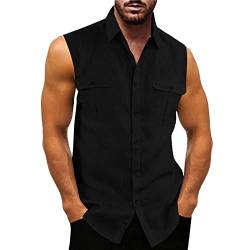 Herren Leinenhemd Ärmellos Sommer Hemd Shirt Stehkragen Shirts Tank Tops Basic Mann Tshirt Leinen Lose Atmungsaktiv Bequem Freizeithemd Strand Top Schwarz M von Generic