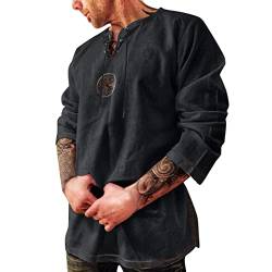 Herren Mittelalter Hemd Tunika Leinenhemd Sommer Hemden Langarm Retro Kragen mit Schnürung Männer Freizeithemd Casual Leinen Yoga Shirt Fisherman Sommerhemd Wikinger Kleidung von Generic