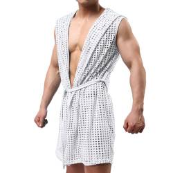 Herren Nachtwäsche Mesh Transparent Unterwäsche Morgenmantel Männer Negligee Sexy Kimono Morgenmantel Lange Transparent Mesh Bademantel mit Gürtel Langer Hausmantel Bademantel Weiß von Generic