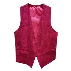 Herren Pailletten Anzug Weste, V-Ausschnitt, Ärmellos, Weste Herren Pailletten 70er Ärmellos Glitzer Weste Mantel Disco Karneval Kostüm Rave Outfit Paillettenweste Glänzend V (Hot Pink-3, XL) von Generic