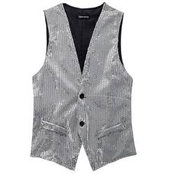 Herren Pailletten Anzug Weste, V-Ausschnitt, Ärmellos, Weste Herren Pailletten 70er Ärmellos Glitzer Weste Mantel Disco Karneval Kostüm Rave Outfit Paillettenweste Glänzend V (Silver-2, XXXL) von Generic