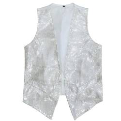 Herren Pailletten Anzug Weste, V-Ausschnitt, Ärmellos, Weste Herren Pailletten 70er Ärmellos Glitzer Weste Mantel Disco Karneval Kostüm Rave Outfit Paillettenweste Glänzend V Ausschnitt (White-3, L) von Generic