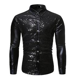 Herren Pailletten Hemd Glitzer Kleid Hemd 70er Langarm Hemd Sakko Herren-Shirt Disco Party Kostüm Herren Glänzend Slim Fit Satin Langarmhemd Business Hemd für Party Nachtclub von Generic