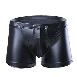 Herren Sexy Shorts Wetlook Slip Ouvert Unterhose Lack Leder Latex Dessous Ledershorts Aushöhlen Tanga Boxer Shorts mit 2 Öffnung Schwarz von Generic