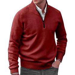 Herren Strickpullover Troyer Grobstrick Pullover mit Stehkragen und Reißverschluss(Red,XL) von Generic