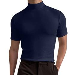 Herren T-Shirt Kurzarm Rollkragenpullover Basic Stehkragen Slim Fit Solid Tops Herren Slim Fit Sweatshirt Sports Thermo Unterhemd Herren Rollkragen T-Shirt Herren Stehkragen (Navy, XXL) von Generic