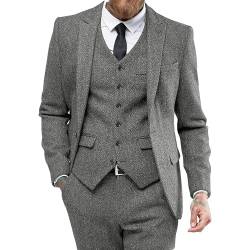 Herren Tweed Herringbone Formal Anzug Set Slim Fit 3 Stück Hochzeit Anzug Prom Tuxedos Business Groomsmen Dress Suit (Hellgrau,M) von Generic