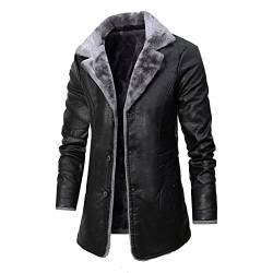 Herren Vintage Ledermantel Herren schwarz Lange Kunstlederjacke Winter Pu Mantel mit Pelzkragen (Schwarz, L) von Generic