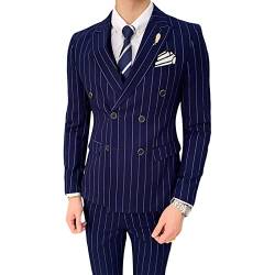 Herren Zweiteiliger Doppelreihiger Slim Fit Anzug Business Mode Vintage Streifen Smoking Leichter Casual Revers Blazer (Blau,XL) von Generic