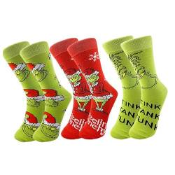 Herren und Damen Grinch Baumwolle Socken Packung Weihnachtssöckchen, Grinch Baumwolle Socken, Bunte Gemusterte Weihnachtssocken für Herren und Damen (3PC C+D+FB) von Generic