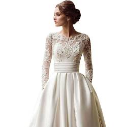 Hochzeitskleid Wedding Dresses Brautkleider Lange Ärmel mit Spitzenapplikationen Geraffte A Linie Formelle Abendkleider,White,L(60 von Generic