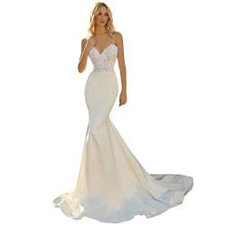 Hochzeitskleid Wedding Dresses Brautkleider Spitze Schulterfrei Hohe Taille Figurbetont Meerjungfrau Bodenlang mit Schleppe,White,M(55 von Generic