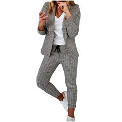 Hosenanzug Damen Festlich Elegant Einfarbig/Kariert Blazer Zweiteiler Set Revers Langarm 2pc Anzug Outfit Schlank Anzugjacke und Hose mit Elastischer Taille Bequem Business Jacke Discounter von Generic