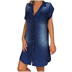 Jeanskleid Damen Hemdkleid Denim Kleid Sommerkleider Knielang Locker Freizeitkleid Mit Taschen V-Ausschnitt Blusenkleid Sommer Midikleid von Generic