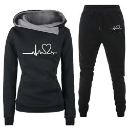 Jogginganzug Damen, Damen Trainingsanzug Set 2-Teilig Heartbeat Druck Hoodie Jogginghose Sweatshirt Hose Zweiteiler Damen Kapuzenpullover Sporthose Set Tracksuit Outfit Jogger Freizeitanzug von Generic