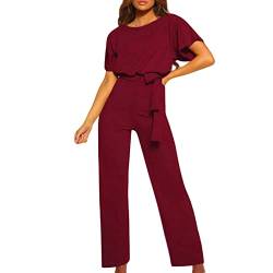 Jumpsuit Damen Elegant für Hochzeit Sommer Overall Kurzarm Lang Elegant Jumpsuits Hohe Taille Kurzarm Playsuit Romper O-Ausschnitt Hosenanzug Baggy Sommerhose Weites Bein Latzhose mit Gürtel von Generic