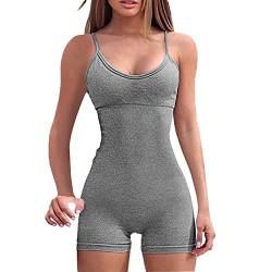 Jumpsuit Damen Kurz Eng Ärmellose Yoga Romper Spaghetti Strap Bodycon Jumpsuits Sommer Tank Top Einteiler Overall One Piece Bodysuit Stretch Fitness Workout Sport Romper Outfits (02 Grau, XS) von Generic