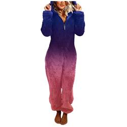 Jumpsuit Damen Winter Warm Overall Teddy Fleece Einteiler Onesie Schlafanzug Kuschelig Lang Pyjama Flauschig Weich Hausanzug Einfarbig Schlafoverall mit Kapuze Reißverschluss Homewear von Generic