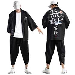 Kimono Set Herren Japanisch Mehrfarbig Druck Lose Cardigan Sommer 3/4 Hülse Kimono Kurzarm Funky Bunte National Print Japanische Bademäntel Baggy Nachthemd Strandhemd T-Shirt Set (Black #1, M) von Generic