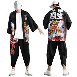 Kimono Set Herren Japanisch Mehrfarbig Druck Lose Cardigan Sommer 3/4 Hülse Kimono Kurzarm Funky Bunte National Print Japanische Bademäntel Baggy Nachthemd Strandhemd T-Shirt Set (Black-A, XXXL) von Generic