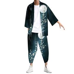 Kimono Set Herren Japanisch Mehrfarbig Druck Lose Cardigan Sommer 3/4 Hülse Kimono Kurzarm Funky Bunte National Print Japanische Bademäntel Baggy Nachthemd Strandhemd T-Shirt Set (Blue #1, M) von Generic