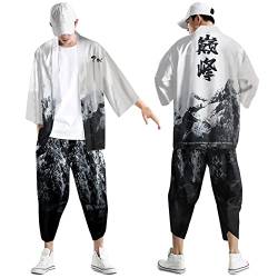 Kimono Set Herren Japanisch Mehrfarbig Druck Lose Cardigan Sommer 3/4 Hülse Kimono Kurzarm Funky Bunte National Print Japanische Bademäntel Baggy Nachthemd Strandhemd T-Shirt Set (White #1, XXXL) von Generic