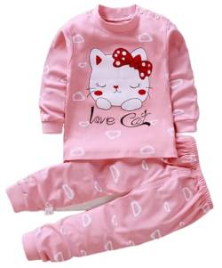 Kinder Jungen Mädchen Langarm Schlafanzug Top Hose Outfit Nachtwäsche Pyjama Set (DE/NL/SE/PL, Numerisch, 80, 86, Regular, Katze mit Schleife) von Generic