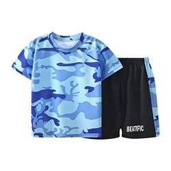 Kinder Sport Kleidung Set T-Shirt+Hosen Kleinkind Jungen Kurzarm Schnelltrocknend Sportbekleidung Camouflage Farbe Top Shorts Sportsuit Tops Shorts Outfits Sommer Outfits (Light Blue, 4-5 Years) von Generic