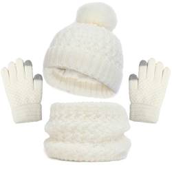 Kinder Strickmütze + Loop Schal + Handschuhe Set Winter Kindermütze Wintermütze Jungen Mädchen Warme gefüttert Strickmütze mit Pompon Kleinkind Bommelmütze für Herbst Winter von Generic