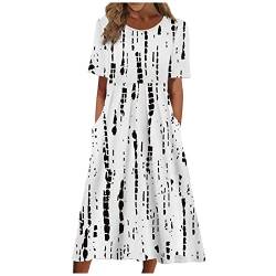 Kleider Damen Sommer Lang Sommerkleid Damen Leicht Und Luftig Gesmoktes Kleid Damen Kurzarm V Ausschnitt Maxikleid Damen Geblümt Bedruckt Freizeitkleid Lange Sommerkleider Damen mit Taschen von Generic