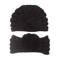 Kleinkind Baby Jungen Mädchen Strickmütze Beaniess geknotete Gummibänder Turban Hut Stirnband Kopfbedeckung Set Haarschleifen (Black, One Size) von Generic
