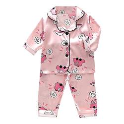 Kleinkind Baby Satin Schlafanzug Kinder Schlafanzüge Loungewear Outfits Jungen Mädchen Kurzarm Cartoon Druck Button Shirt Tops + Pyjamahose Pyjamas Zweiteilig Set Nachtwäsche (01 Rosa, 1-2 Jahre) von Generic