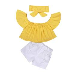 Kleinkind-Säuglings-Kind Gilrs Fashion Soild One-Shoulder-Top Jeans Shorts Haarband 3-teiliges Outfit-Set Kleidung Haarschmuck für Kinder (Yellow, 2 Years) von Generic