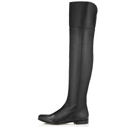 Kniehohe Damenstiefel mit runder Zehenpartie, flaches Leder, elegante Stiefel, modisch, bequem, mittelhohe Stiefel, seitlicher Reißverschluss, überkniehohe Stiefel,Schwarz,41 EU von Generic