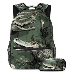 Krokodil-Rucksack mit Federmäppchen, großes Fassungsvermögen, Schultaschen-Set für Jungen, Mädchen, Teenager, Reisebuchtasche für Studenten, Mehrfarbig Nr. 02, B：29.4x20x40cm P：19x7.5x3.8cm, von Generic