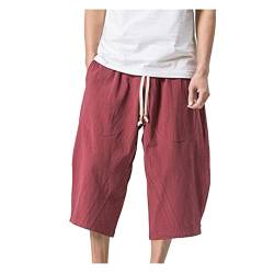 Kurze Hosen Herren Leinen-Shorts Baumwolle 3/4 Leinenhose Lässige Männer Strandhose Stoffhose Freizeithose Sommershorts mit Tunnelzug Joggingshort (Rot,L) von Generic