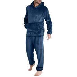 Kuscheliger Pyjama Herren Winter Warmer Flanell Schlafanzug Herren Lang Zweiteiliger Fleece Hoodie und Schlafhose Sleepwear Baumwolle Pyjama Set Nightwear Schlafanzüge für Herren und Teenager Jungen von Generic