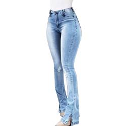 Lässige Jeans mit gerissener Glocke für Damen, klassisch, hohe Taille, ausgestellte Jeanshose, Shorts, weite Beinhose, modische Hose, hellblau, M von Generic