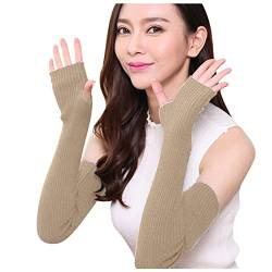 Lang Fingerlos Handschuhe Damen Mädche Armstulpen Ellenbogenlange Winter Thermo Dehnbar Strickhandschuhe Stricken Pulswärmer Elastische Halbfinger Handwärmer Sporthandschuhe für (Khaki, One Size) von Generic