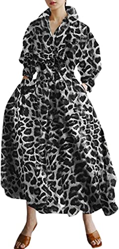 Langärmeliges Maxi-Hemdkleid mit Taschen, Knopf gesmokte Taille Swing Langes Kleid Jacke Casual Daily Outfits, Schwarz Leopard, X-Large von Generic