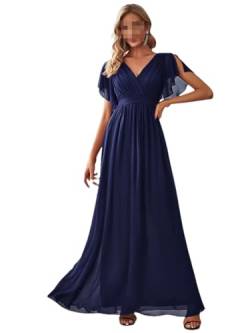 Lange A-Linie Abendkleider Kurzarm V-Ausschnitt Chiffon Kleid Bodenlanges Kleid Ballkleid, marineblau, 36 von Generic
