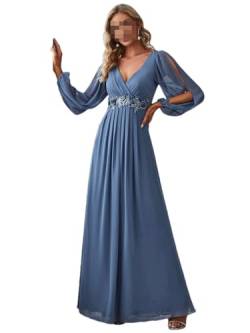 Lange A-Linie Abendkleider Lange Ärmel V-Ausschnitt Bodenlangen Kleid Chiffon Ballkleid für Frauen, navy, 44 von Generic