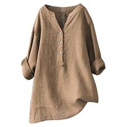 Lange Leinenbluse Damen Bluse Oversize Langarm Shirt Baumwolle Leinen Hemdbluse Elegant Übergröße Longbluse Festliche Oberteil Einfarbig Lose Leinenoberteile Langarmshirt (Khaki, L) von Generic