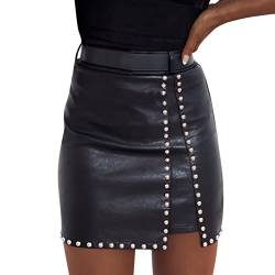 Lange Röcke A Linie Damen Lederröcke Nietendekor Hohe Taille Minirock A Line Slit Mini PU Rock Streetwear (Black, L) von Generic