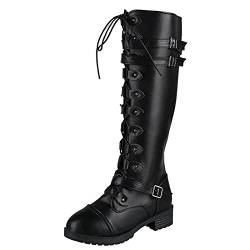 Langschaft Lederstiefel Damen Kniehohe Schnürung Stiefel mit Absatz Lederoptik Langschaftstiefel Reitstiefel Klassisch Schnürstiefel Ritterstiefel mit Schnalle Retro Hohe Damenstiefel (Schwarz, 41) von Generic