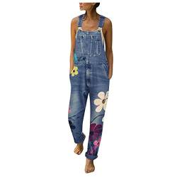 Latzhose Damen Latzhosen Lang Retro Jeanshose Jeanslatzhose mit Blumendruck,Loose Fit Denim Hose Freizeit Overall Boyfriend Stylisch Jumpsuit von Generic