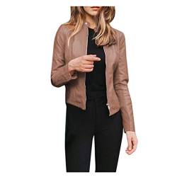 Lederjacke Damen Kurz Bikerjacke klassisch Motoradjacke Übergangsjacke für Herbst Winter elegant Retro kurz Windjacke für Outdoor-Arten Stehkragen Reißverschluss LederJacke (Khaki-d, L) von Generic