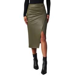 Lederrock Lang Damen Schwarz Sexy Kunstleder Rock Schwarz Knielang Bleistiftrock Mit Schlitz Business Rock Midi-Rock Stretch Bleistiftröcke Elegant Pencil-Rock Bodycon Kleid von Generic